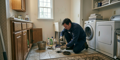 A licensed commercial plumber performing backflow testing in Oklahoma City by inspecting a floor drain assembly in a commercial utility and laundry area.