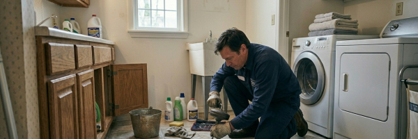 A licensed commercial plumber performing backflow testing in Oklahoma City by inspecting a floor drain assembly in a commercial utility and laundry area.