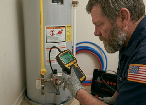 Licensed residential plumber in Oklahoma City, OK, using a digital monitoring tool to test utility connections on a residential water heater tank.