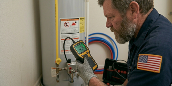 Licensed residential plumber in Oklahoma City, OK, using a digital monitoring tool to test utility connections on a residential water heater tank.