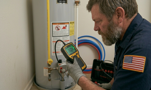 Licensed technician using an electronic gas leak detector near a water heater during a gas line repair service in Oklahoma City, OK.
