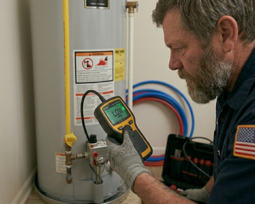 Licensed technician using an electronic gas leak detector near a water heater during a gas line repair service in Oklahoma City, OK.