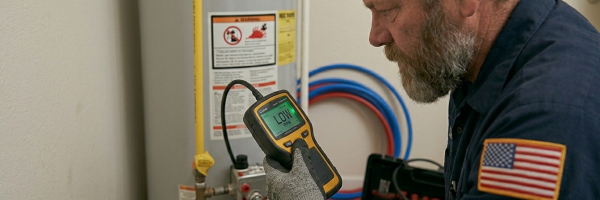 Licensed technician using an electronic gas leak detector near a water heater during a gas line repair service in Oklahoma City, OK.