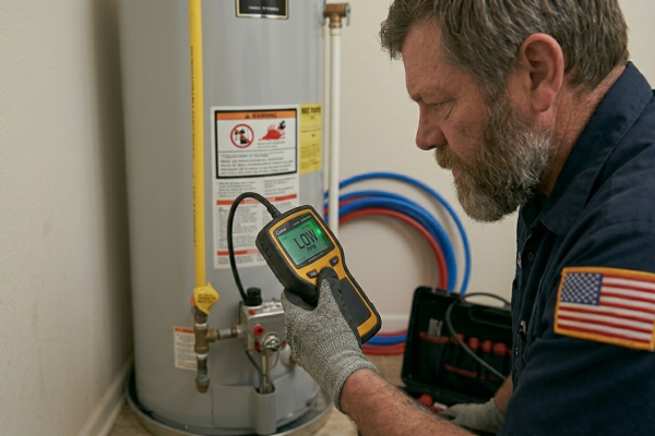 Licensed technician using an electronic gas leak detector near a water heater during a gas line repair service in Oklahoma City, OK.