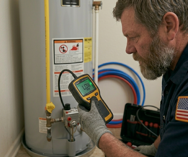 Licensed technician using an electronic gas leak detector near a water heater during a gas line repair service in Oklahoma City, OK.