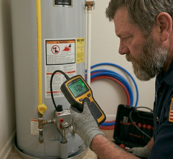 Licensed technician using an electronic gas leak detector near a water heater during a gas line repair service in Oklahoma City, OK.