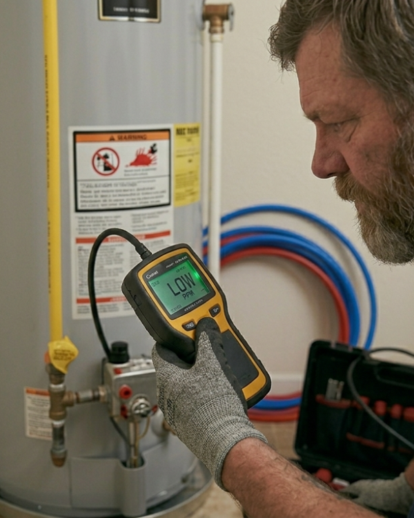 Licensed technician using an electronic gas leak detector near a water heater during a gas line repair service in Oklahoma City, OK.