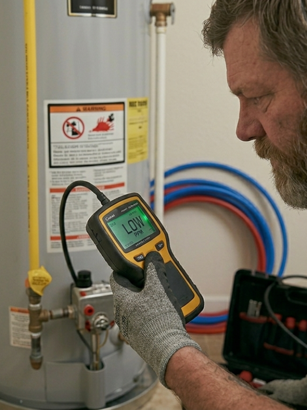 Licensed technician using an electronic gas leak detector near a water heater during a gas line repair service in Oklahoma City, OK.
