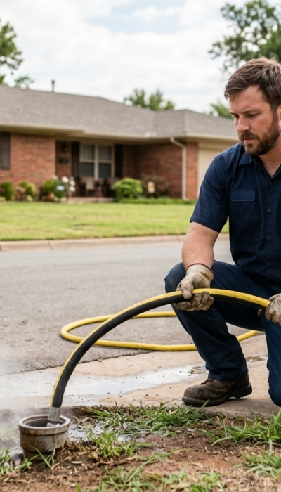 Licensed technician using a handheld digital gas detector to check for exhaust or gas emissions near a residential tank during a water heater repair and sewer Line Repair service in Oklahoma City, OK.
