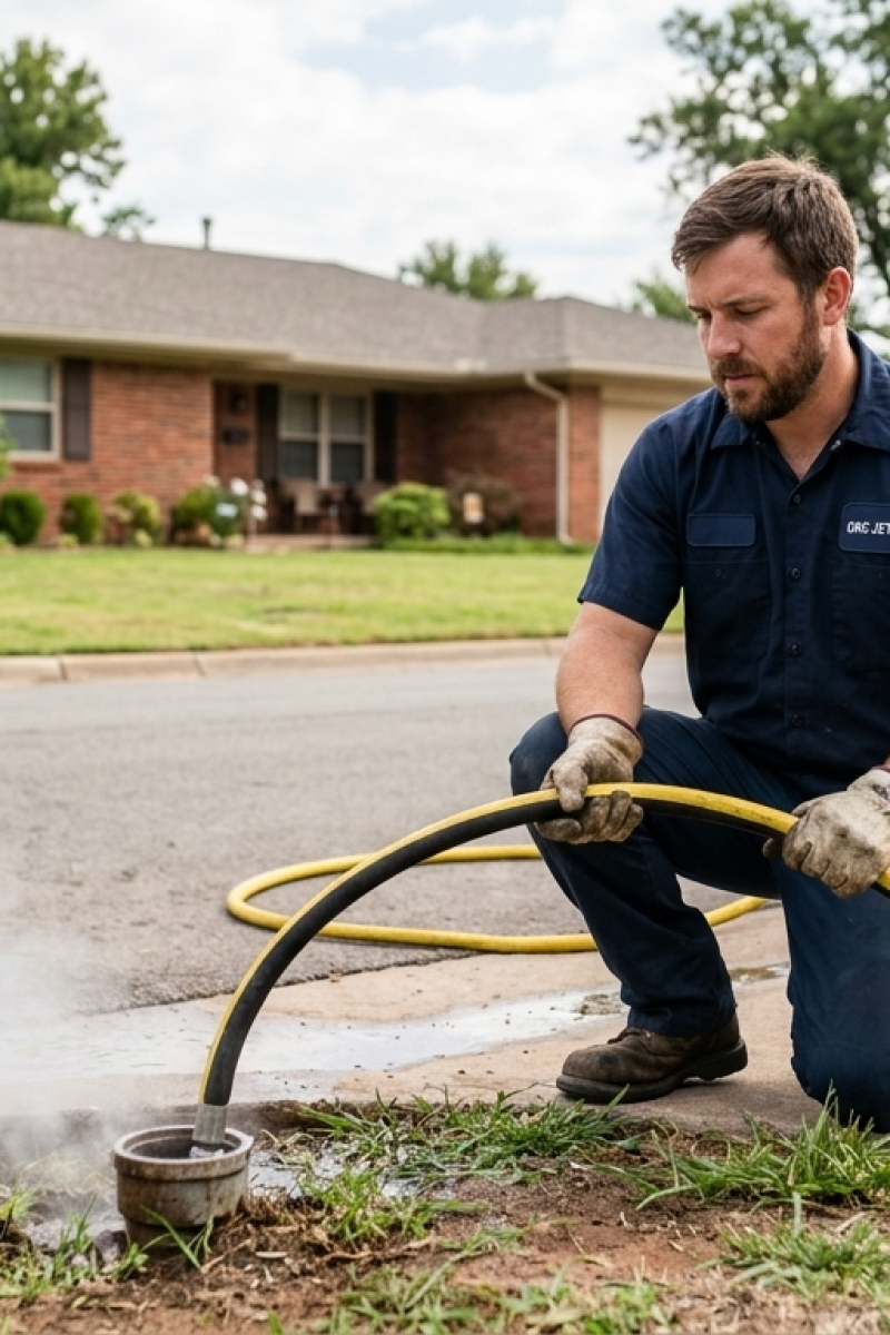 Licensed technician using a handheld digital gas detector to check for exhaust or gas emissions near a residential tank during a water heater repair and sewer Line Repair service in Oklahoma City, OK.
