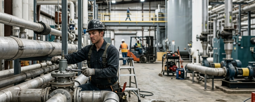 Industrial technician in a hard hat adjusting heavy-duty pipeline valves during a high-capacity water heater repair project in Oklahoma City, OK.