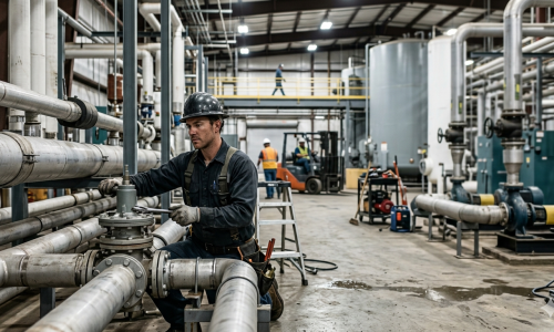 Industrial technician in a hard hat adjusting heavy-duty pipeline valves during a high-capacity water heater repair project in Oklahoma City, OK.