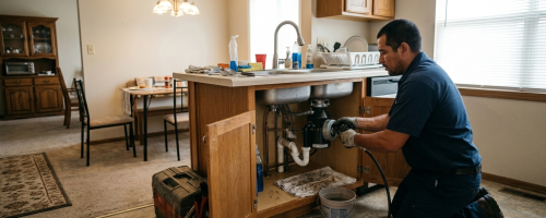 Professional plumber performing kitchen drain cleaning in Oklahoma City, OK, using commercial-grade equipment to clear grease and food buildup.