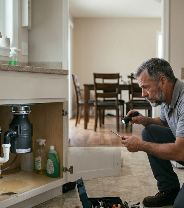 Experienced residential plumber in Oklahoma City, OK, using a flashlight and screwdriver to inspect a garbage disposal unit under a kitchen sink.