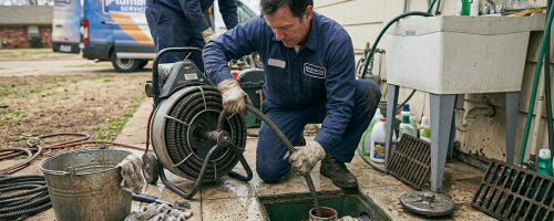 Professional technician operating a heavy-duty sewer camera and motorized drain cleaning machine to clear a main sewer line blockage in Oklahoma City, OK.