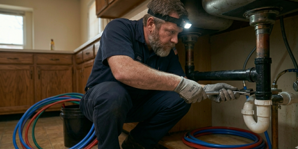 A professional plumber performing commercial drain cleaning in Oklahoma City by repairing under-sink drainage pipes with a wrench and headlamp.