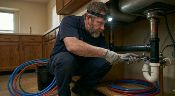A professional plumber performing commercial drain cleaning in Oklahoma City by repairing under-sink drainage pipes with a wrench and headlamp.