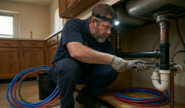 A professional plumber performing commercial drain cleaning in Oklahoma City by repairing under-sink drainage pipes with a wrench and headlamp.