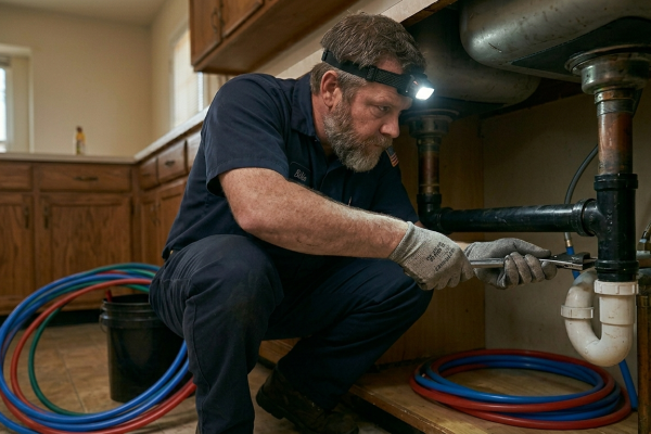 A professional plumber performing commercial drain cleaning in Oklahoma City by repairing under-sink drainage pipes with a wrench and headlamp.