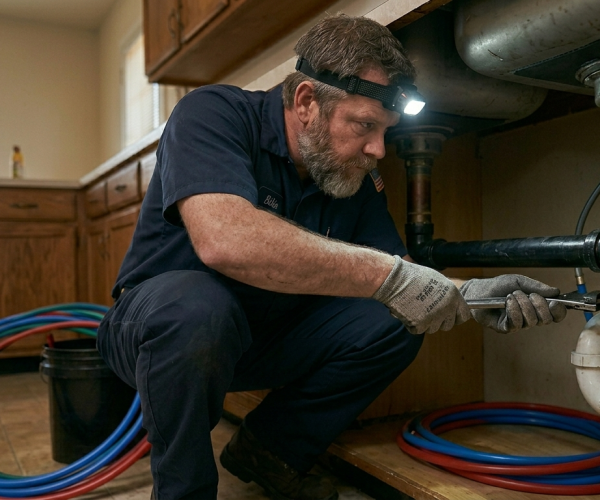A professional plumber performing commercial drain cleaning in Oklahoma City by repairing under-sink drainage pipes with a wrench and headlamp.