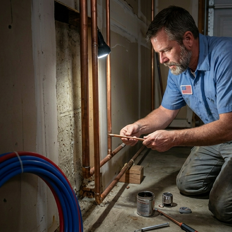 Licensed residential plumber in Oklahoma City, OK, kneeling in a basement while prepping and connecting vertical copper water lines near blue and yellow coiled pex piping.