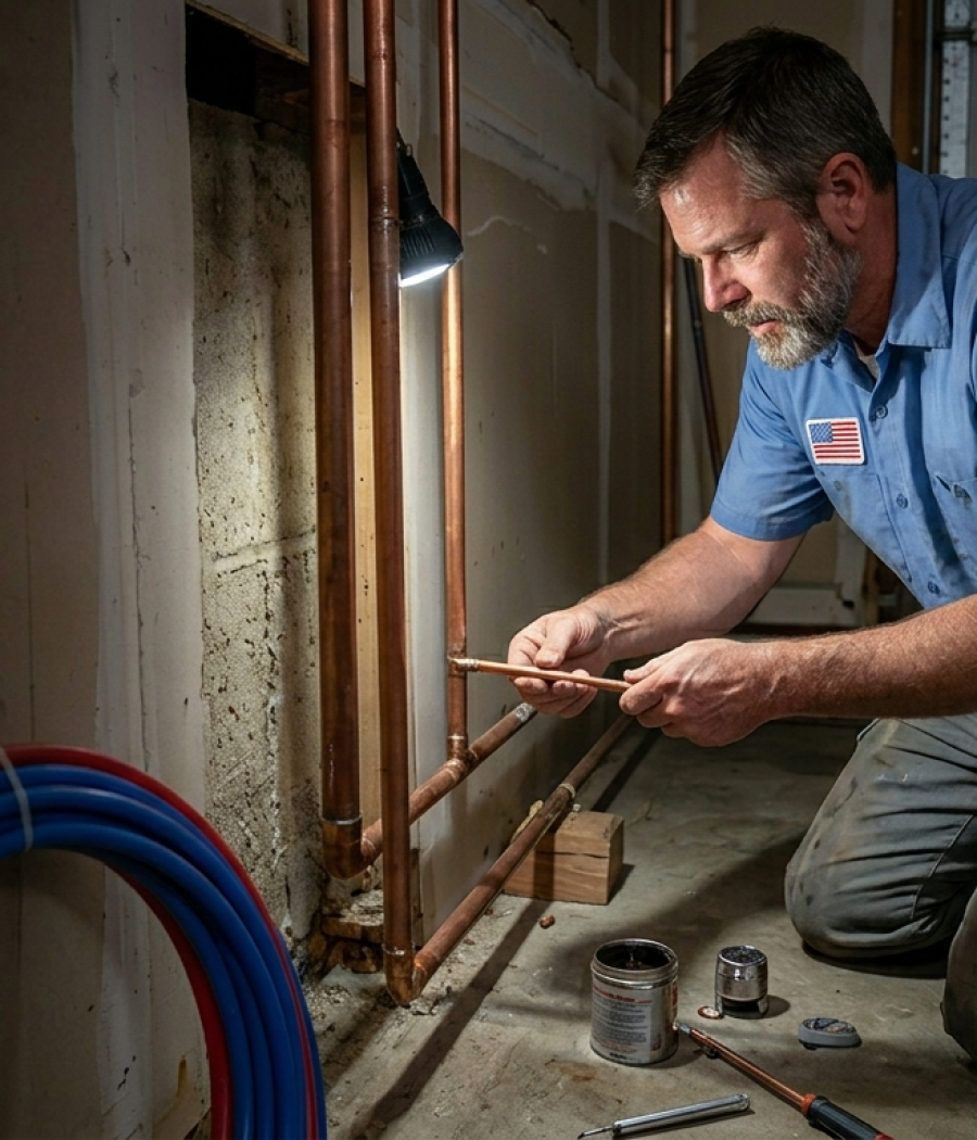Licensed residential plumber in Oklahoma City, OK, kneeling in a basement while prepping and connecting vertical copper water lines near blue and yellow coiled pex piping.