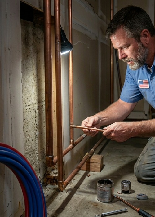 Licensed commercial plumber kneeling on an office floor next to his toolkit while performing a multi-point utility check during a toilet repair service in Oklahoma City, OK.