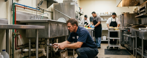 Licensed plumbing technician adjusting under-sink utility line connections in a restaurant kitchen during a water heater repair service in Oklahoma City, OK.