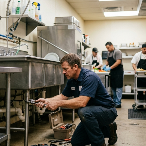 Licensed plumbing technician adjusting under-sink utility line connections in a restaurant kitchen during a water heater repair service in Oklahoma City, OK.