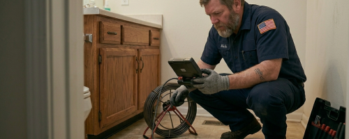 Licensed plumbing professional performing a sewer drain camera inspection for leak detection in Oklahoma City, OK.