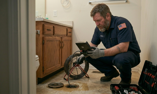 Licensed plumbing professional performing a sewer drain camera inspection for leak detection in Oklahoma City, OK.