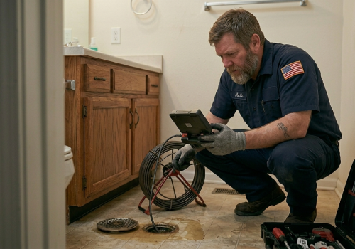 Licensed plumbing professional performing a sewer drain camera inspection for leak detection in Oklahoma City, OK.