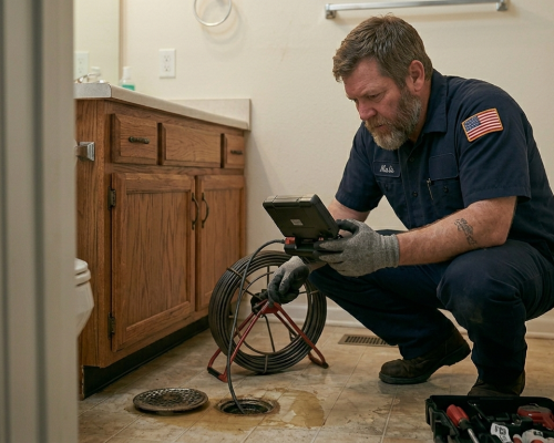 Licensed plumbing professional performing a sewer drain camera inspection for leak detection in Oklahoma City, OK.