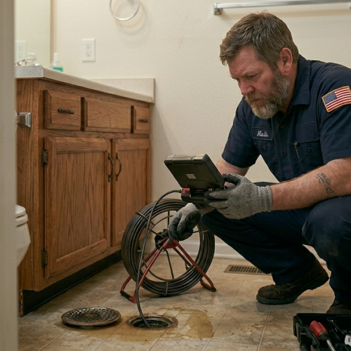 Licensed plumbing professional performing a sewer drain camera inspection for leak detection in Oklahoma City, OK.