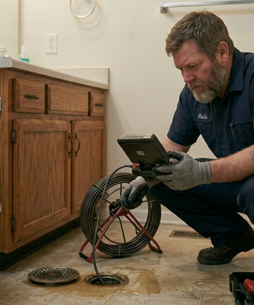 Licensed plumbing professional performing a sewer drain camera inspection for leak detection in Oklahoma City, OK.