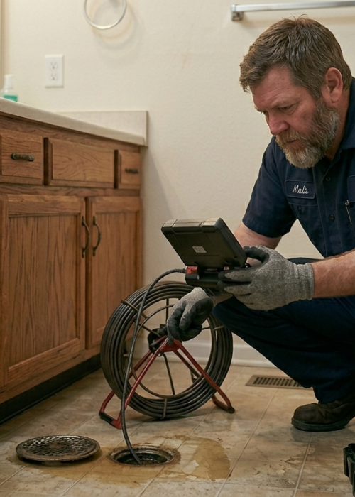 Licensed plumbing professional performing a sewer drain camera inspection for leak detection in Oklahoma City, OK.