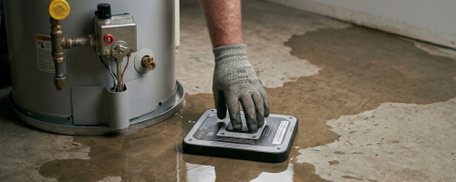 Emergency plumber in Oklahoma City, OK, using electronic leak detection equipment to locate a hidden slab leak near a water heater.