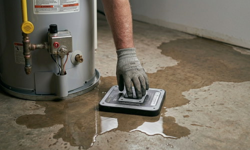 Emergency plumber in Oklahoma City, OK, using electronic leak detection equipment to locate a hidden slab leak near a water heater.