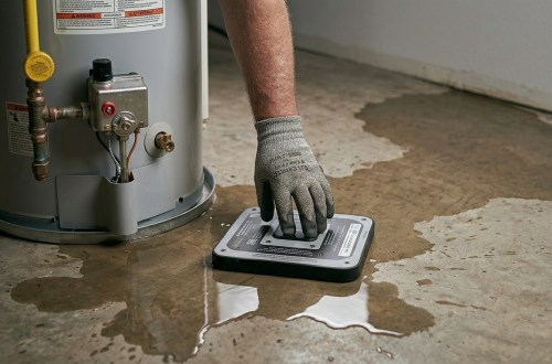 Emergency plumber in Oklahoma City, OK, using electronic leak detection equipment to locate a hidden slab leak near a water heater.