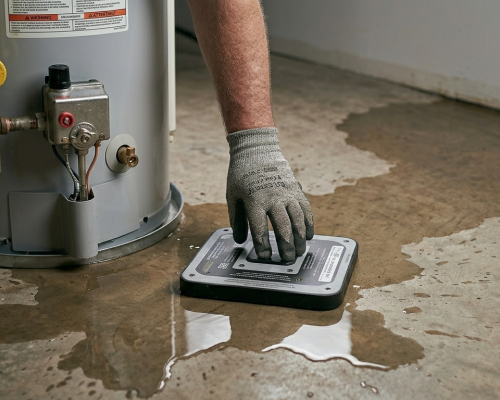 Emergency plumber in Oklahoma City, OK, using electronic leak detection equipment to locate a hidden slab leak near a water heater.