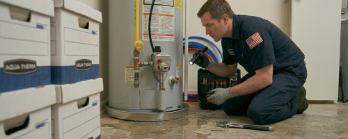Professional technician using a flashlight to find the source of a water puddle during a leak detection service in Oklahoma City, OK.