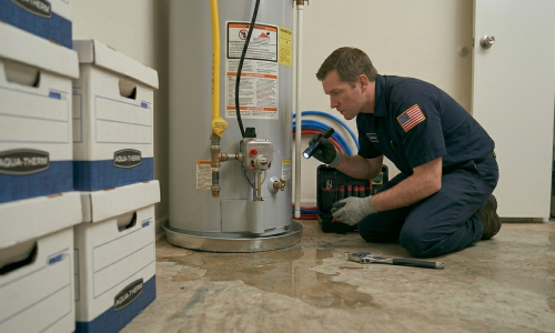 Professional technician using a flashlight to find the source of a water puddle during a leak detection service in Oklahoma City, OK.