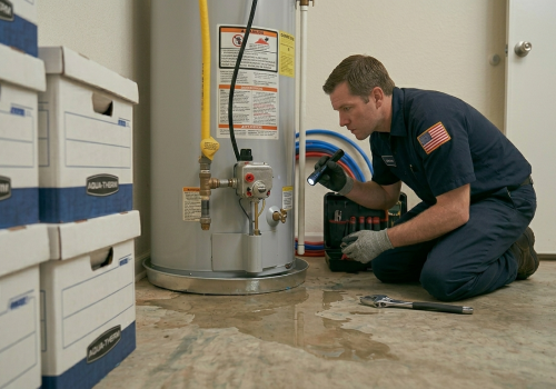 Professional technician using a flashlight to find the source of a water puddle during a leak detection service in Oklahoma City, OK.