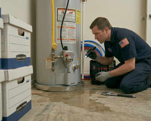 Professional technician using a flashlight to find the source of a water puddle during a leak detection service in Oklahoma City, OK.