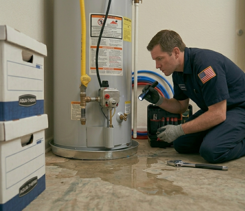 Professional technician using a flashlight to find the source of a water puddle during a leak detection service in Oklahoma City, OK.