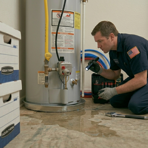 Professional technician using a flashlight to find the source of a water puddle during a leak detection service in Oklahoma City, OK.