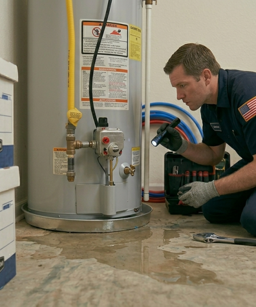 Professional technician using a flashlight to find the source of a water puddle during a leak detection service in Oklahoma City, OK.