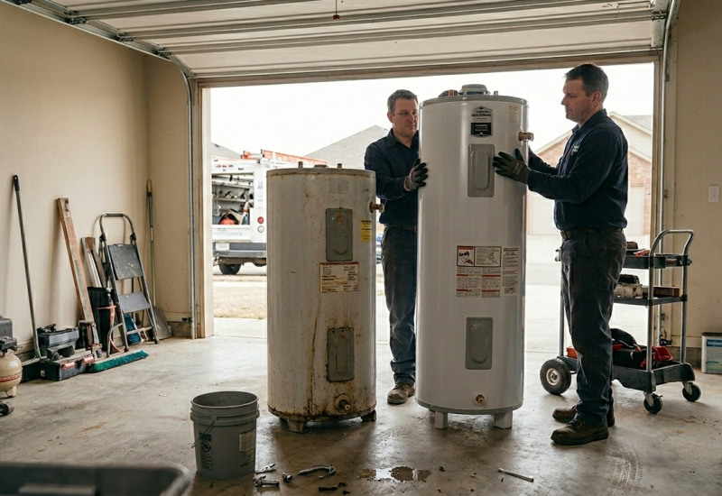 Experienced plumber Oklahoma City OK team installing a new residential water heater tank in a garage.