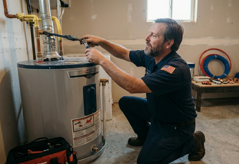 Experienced plumber tightening utility line connections on top of a residential gas water heater tank during a repair service in Oklahoma City, OK.