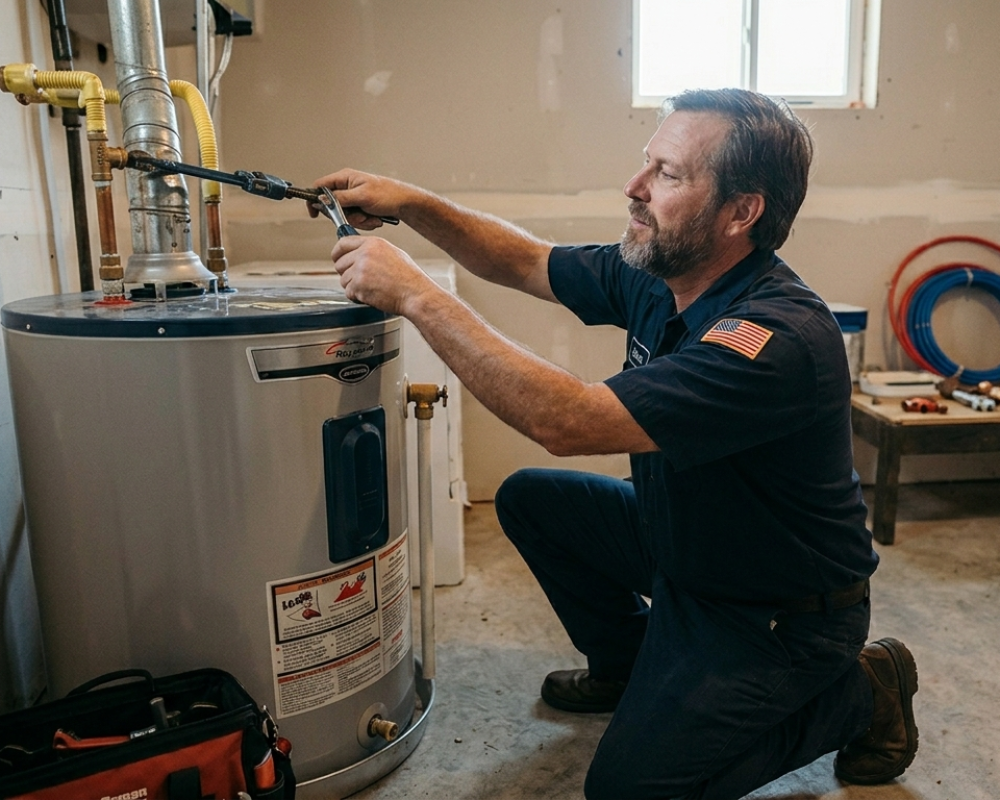 Experienced plumber tightening utility line connections on top of a residential gas water heater tank during a repair service in Oklahoma City, OK.